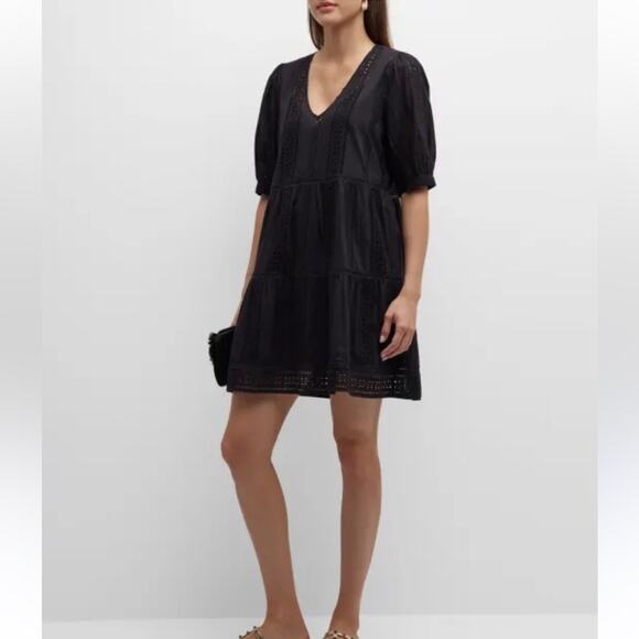 Velvet Margaret V-Neck Broderie Anglaise Mini Dress Black Size Medium - Picture 10 of 10